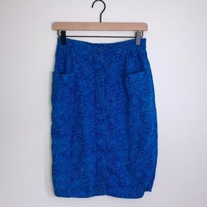 Diane Gilman 100% Linen Button Front Skirt Tropical Print Blue Women's Medium